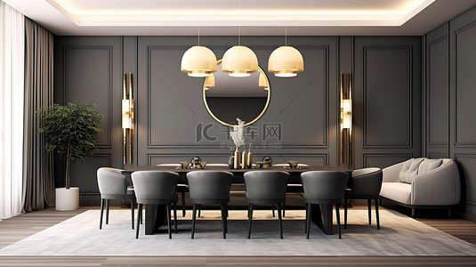 豪华餐厅的 3D 渲染，配有优雅的餐桌套装和别致的吊灯