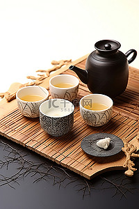 垫子logo背景图片_棕色垫子上的三种杯子和茶壶