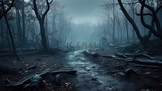 神秘森林中怪异扭曲的树木，茂密林地中的一个雾蒙蒙的早晨 3d 渲染