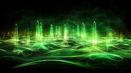 网络世界中绿色声波的能量流 3D 插图