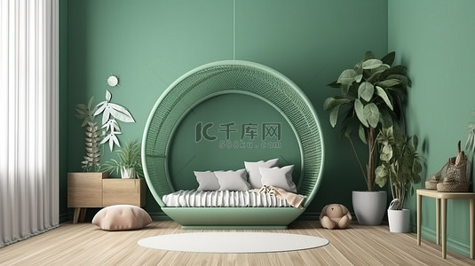 舒适的绿色苗圃的 3D 渲染，配有舒适的床郁郁葱葱的植物和儿童房的大窗户