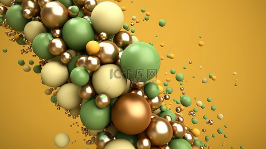 浅棕色背景上漂浮的黄色和绿色的充满活力的 3D 球体和锥体