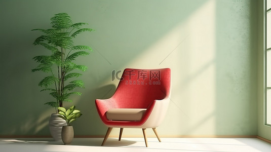 空的花瓶背景图片_别致的绿色房间以米色红色躺椅和3D渲染的花瓶中郁郁葱葱的植物为特色