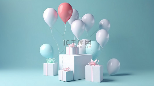 蓝色背景上 3d 渲染的粉彩气球装饰白色礼盒
