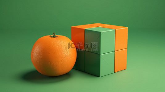 新鲜绿色水果背景图片_立方橙色组和半动态 3D 渲染在充满活力的绿色背景上