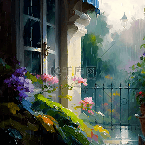 花欧式花背景图片_花朵雨中的阳台花园油画花卉背景