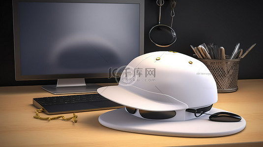 海鲜餐厅灯箱背景图片_带有 3D 渲染厨师帽和鼠标的计算机连接板