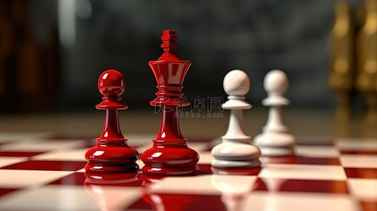 3d 渲染的红棋王和白棋子在玩