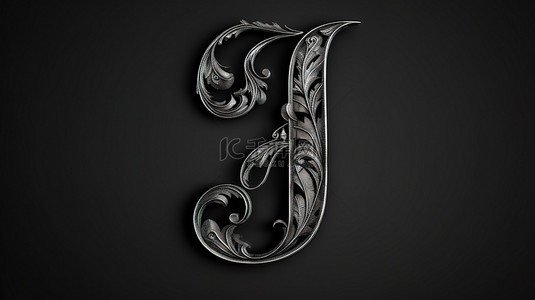 j字母设计背景图片_黑色手写体字母“j”的渲染 3D 图像