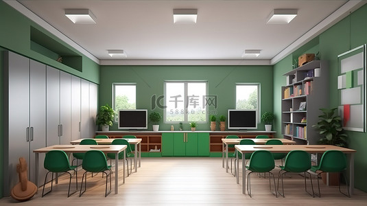 现代教室设置的 3D 渲染，配有绿色座椅时尚的书桌和衣柜