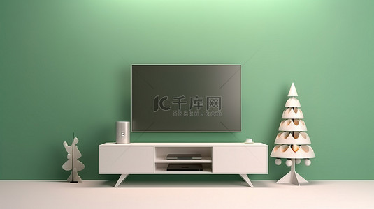 节日客厅配有电视样机屏幕和绿色空白背景 3D 圣诞节插图