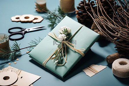 礼品包装纸背景图片_桌子上有一些礼品包装纸和其他节日物品