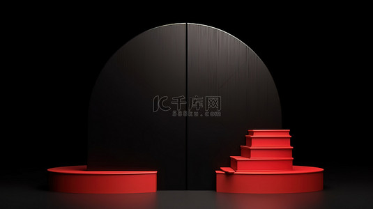 黑日背景图片_产品展示红色日式讲台黑色半圆 3d 渲染