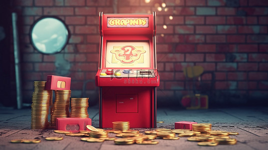 物品盒背景图片_带有物品盒和硬币的老式街机游戏的插图 3D 渲染
