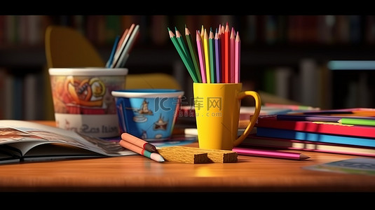 主题大背景图片_准备好新学年 3D 渲染教育主题设置，桌上有书籍咖啡杯和铅笔