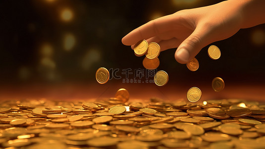 散落的金币背景图片_省钱 3D 渲染手握金币和散落在地板上的硬币的插图
