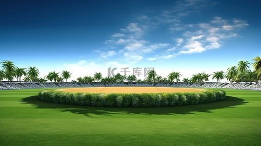 板球体育场壮观的运动场馆的 3D 插图，拥有郁郁葱葱的绿色球场外场和圆圈