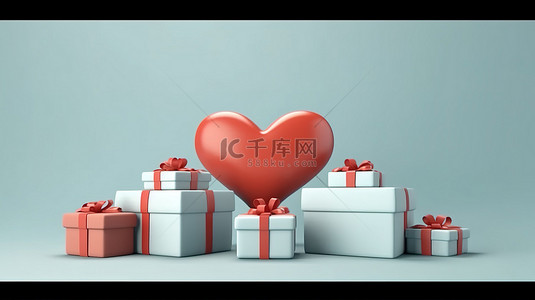 3D 渲染礼品盒和心形假日横幅，用于促销销售广告或网络海报