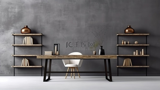 企业公司背景图片_现代阁楼工作空间，配有木制书桌架和 3D 渲染的光滑混凝土地板
