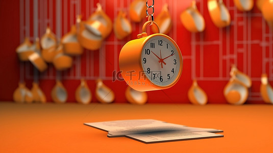 橙色主题商业规划活动提醒，具有 3D 浮动日历铃和挂钟