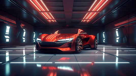 3D 渲染未来派车库，配有一辆红色跑车，采用无品牌通用设计