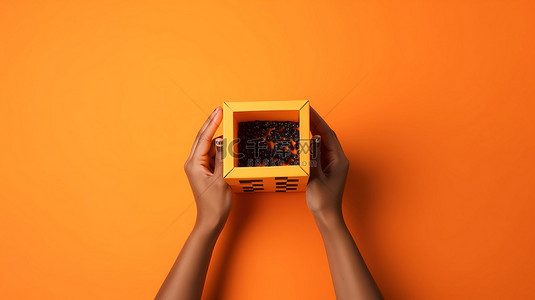 3d 渲染中的方孔，在橙色背景下用手拿着礼品盒