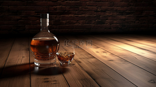 木桌背景，木板带有干邑白兰地酒瓶和冰块的 3D 渲染