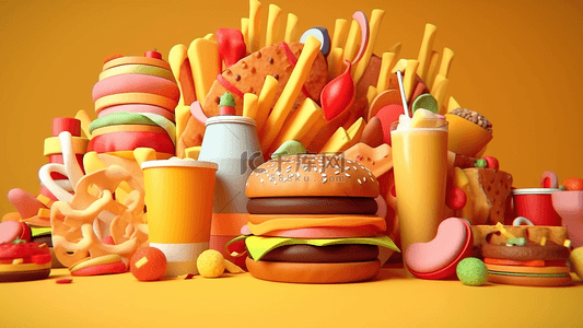 美食背景黄色背景图片_汉堡果汁薯条卡通插画背景