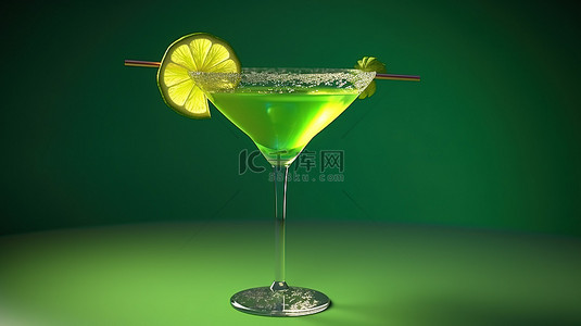 酒的背景图片_玛格丽塔鸡尾酒的 3D 渲染，玻璃杯中配有逼真的石灰片和雨伞