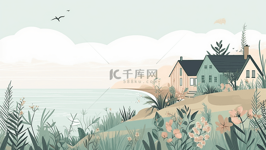 卡通海边风景背景图片_卡通房子海边风景插图