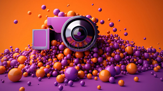 电影电影院背景图片_充满活力的紫色背景，配有 3D 橙色电影放映机和彩色球