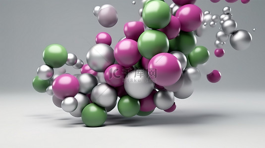灰色背景上紫色绿色粉色和白色飞球的抽象 3D 渲染