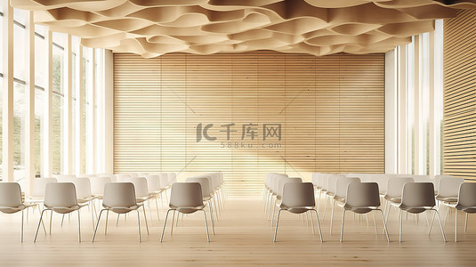 以白色椅子和木墙设计为特色的现代学校会议厅的 3D 渲染
