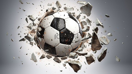 碎片足球的 3D 渲染，碎片从球中弹出