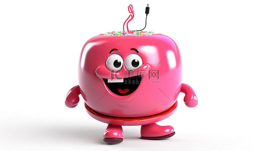 白色背景的 3D 渲染，带有一个大粉色釉面甜甜圈和抽象充电电池的角色吉祥物