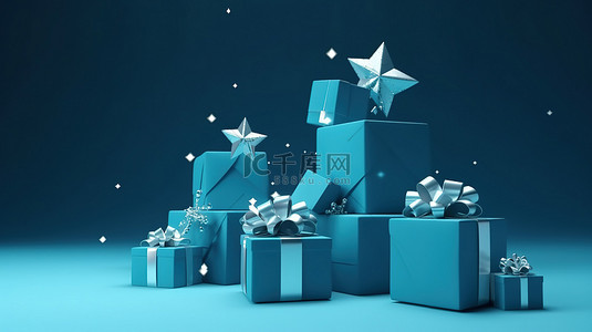 3d 渲染中蓝色背景上的圣诞横幅模板一堆礼物和闪亮的星星