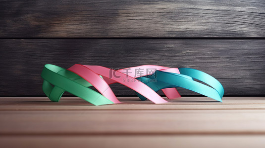木板背景绿色背景图片_白色木板上粉红绿色和蓝色丝带的真实 3D 渲染，用于罕见疾病日概念