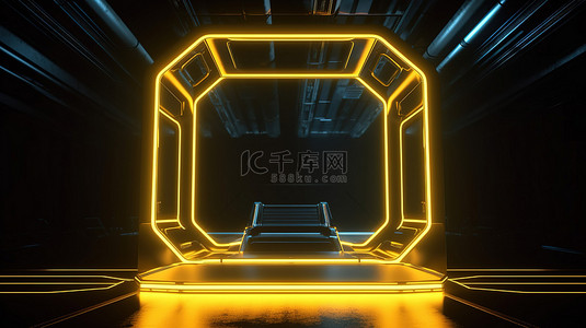 霓虹灯框背景图片_3d 渲染中黄色霓虹灯框照亮的科幻舞台