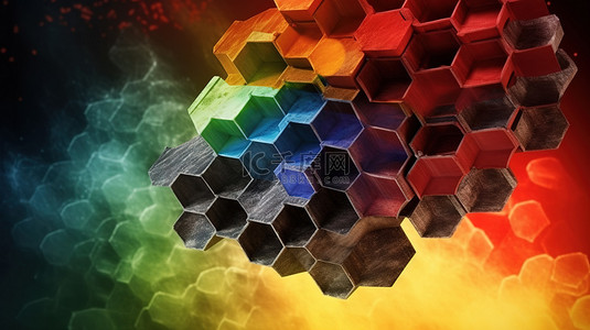 六边形形状的 3D 渲染层叠成具有鲜艳色彩和缕缕烟雾的蜂窝图案