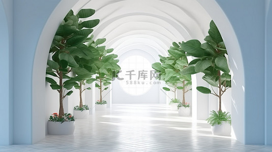树ppt背景图片_拱形隧道尽头有小提琴叶无花果树的走廊的 3D 插图