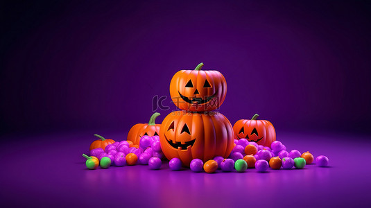 节日万圣节氛围 3D 渲染杰克灯笼南瓜彩色糖果和紫色背景
