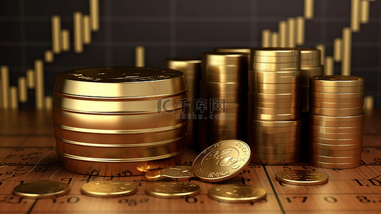油桶和美元硬币 3d 渲染的向上图增长