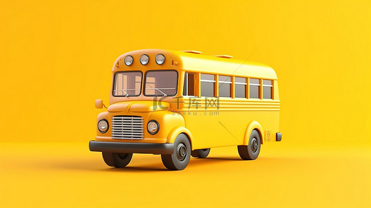 运输卡通背景图片_3D 渲染的纯黄色背景上黄色卡通巴士的简化学校插图