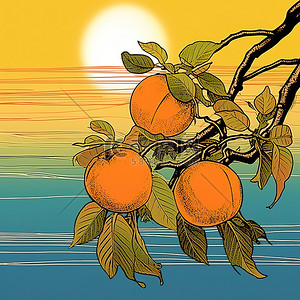 秋天柿子树背景图片_树上成熟的橙子，梨和蓝天背景