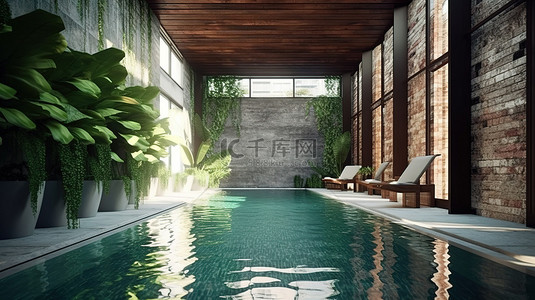 阁楼风格的现代泳池露台 3D 渲染，具有类似于砖图案的凹槽混凝土墙