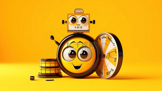 時間軸背景图片_黄色背景上带有闹钟吉祥物的电影卷轴电影磁带的 3D 渲染