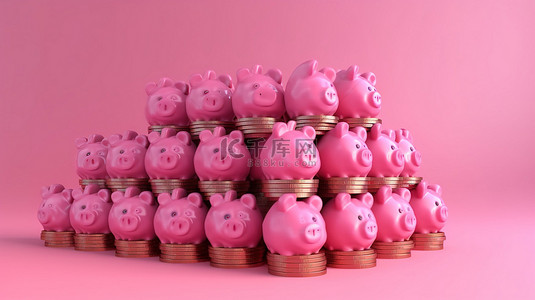粉色数字猪，比特币的 3D 渲染，堆积在加密货币塔中