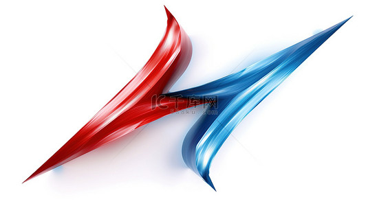 白色背景的 3D 插图，两条红线和蓝线合并形成箭头形状