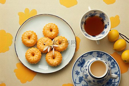 碟子桌子背景图片_桌子上放着茶和咖啡，旁边是一些甜甜圈和其他开胃菜