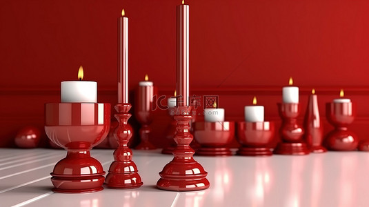 平坦的实心红色房间，配有圣诞烛台架 3D 渲染
